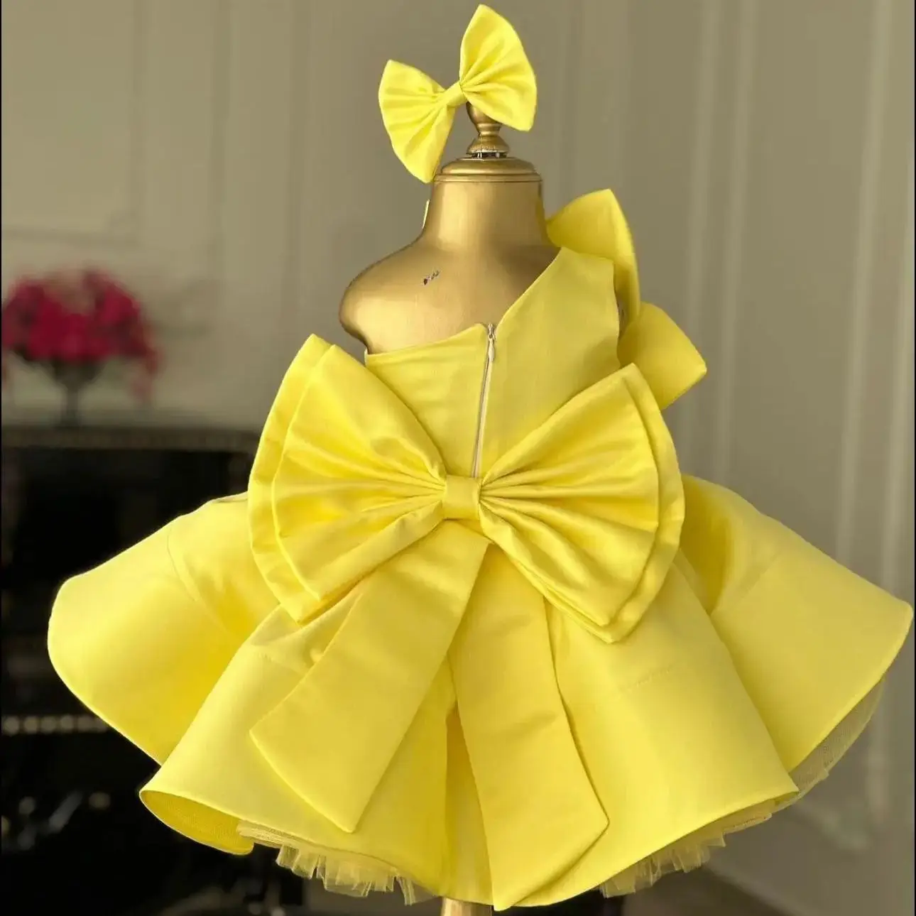 Yellow Floral Girl's Birthday Party Gowns Elegant Bow Flower Girl Dresses for Wedding Customized Kids First Communion Dress