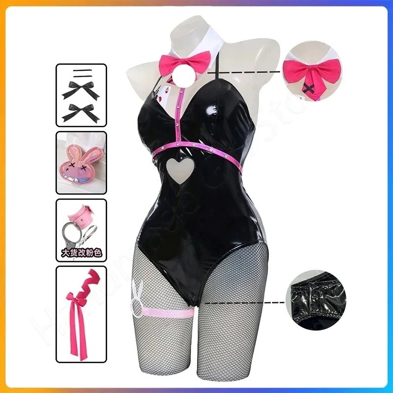 Miku-Disfraz de conejito de cuero negro con agujeros para niña, traje de cosplay de Halloween, tocados, ropa, lámparas, peluca, lindo, sexy