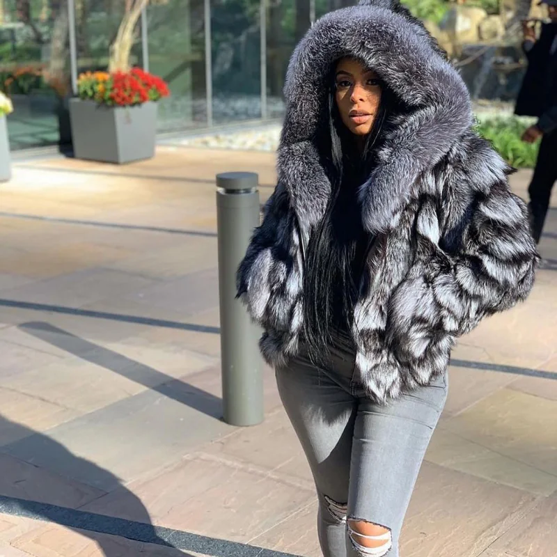 Hooded High Street Natural Sliver Fox Fur Coat Women Winter Luxury Fashion Outertwear Genuine Real Fur Jacket Female