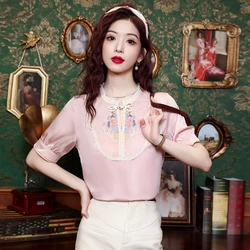 Summer Short Sleeve Women Shirt Fashion Lace Embroidery Chiffon Shirt Blouse Women Tops Blusas Mujer De Moda 2024 Verano H779