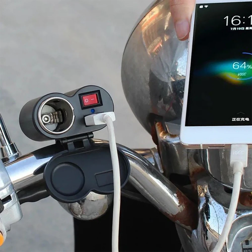 1pcs Motorcycle Dual USB Charger 12V with Switch Waterproof Cigarette Lighter Socket Motorcycle Handlebar Clamp High Quality