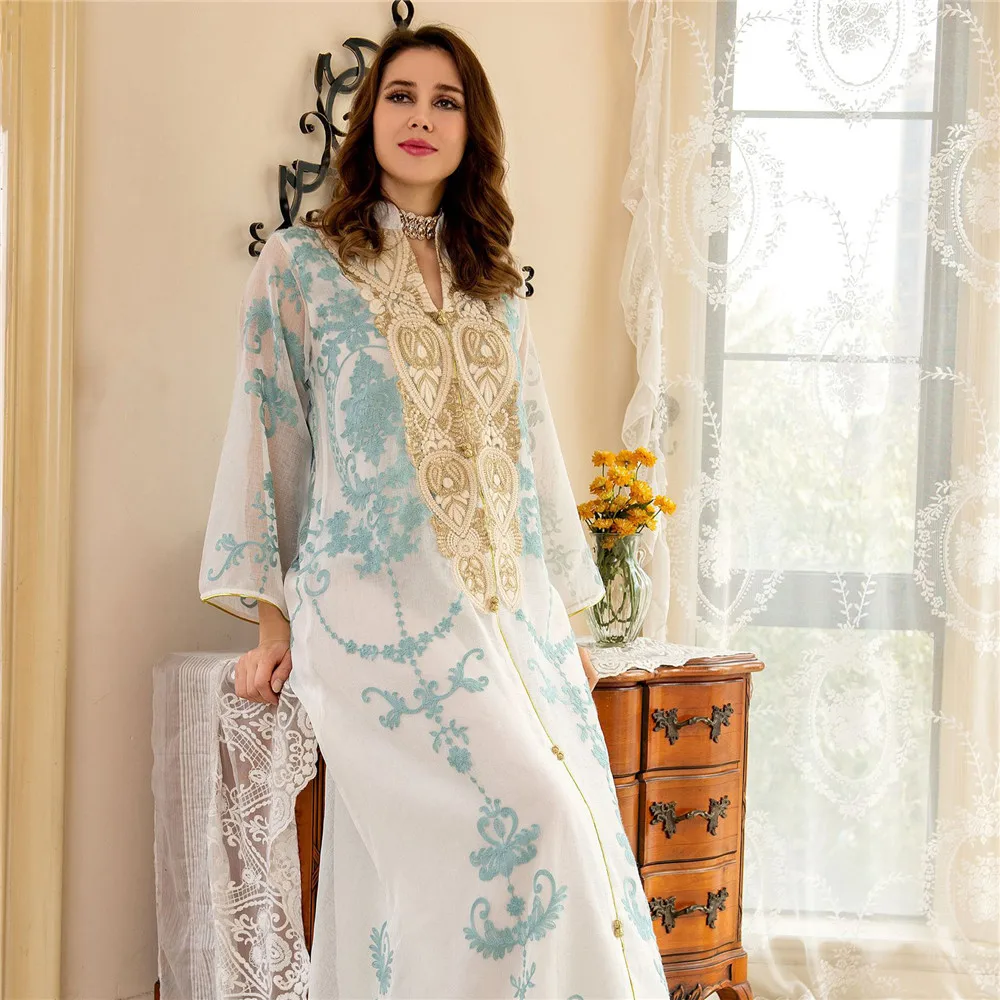 Eid Mubarak Djellaba Haft Abaja Dubaj Muzułmańskie Kobiety Sukienka Maxi na Imprezę Ramadan Islamska Jalabiya Marokańska Kaftan Szata Nowa