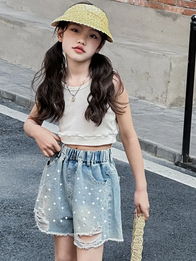 Girls Denim Shorts Rhinestone Summer Ripped Trendy Loose Middle Big Kids Stylish Girl Hot Pants Raw Edge Distressed
