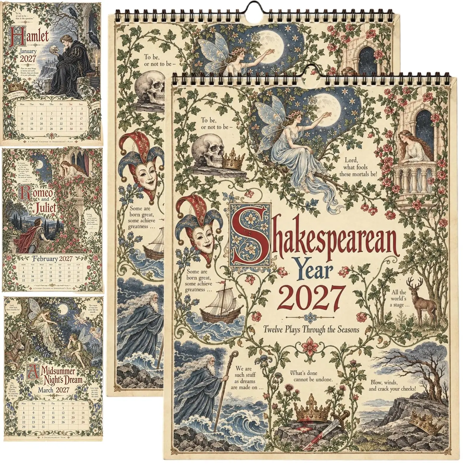 2027 Shakespearean Year Wall Calendar 12 Classic Drama Vintage Art Monthly Planner Literary Home Office Decor Gift for Book Fans