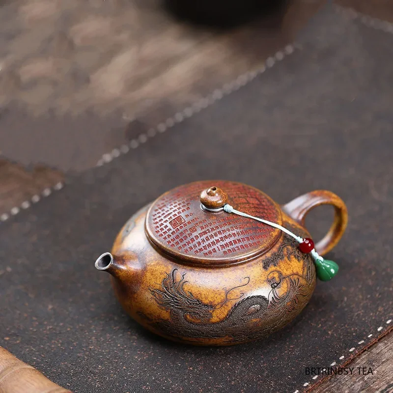 Tradition Yixing Purple Clay Teapot Handmade Dragon Tiger Pattern Tea Pot Household Beauty Kettle Chinese Zisha Tea Set 290ml