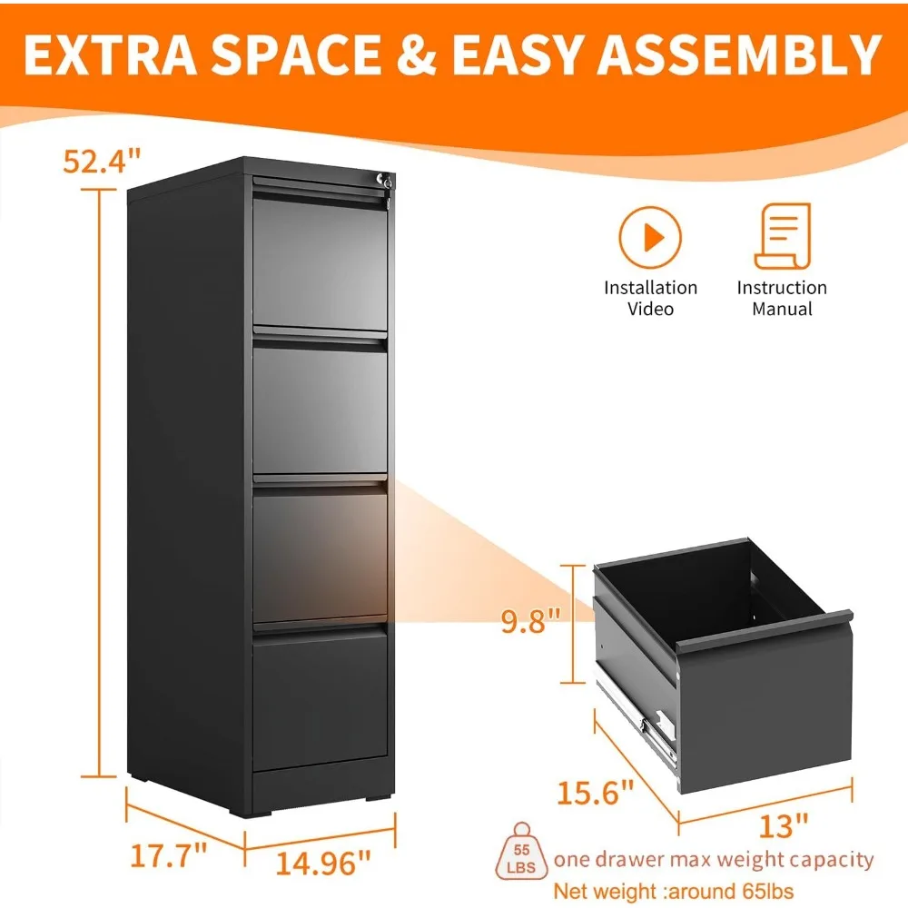 4段引き出しファイルキャビネット、ロック付き、頑丈なロック式メタルファイルキャビネット、ホームオフィス用スチール製ファイリングキャビネット、縦型ファイルキャビネット