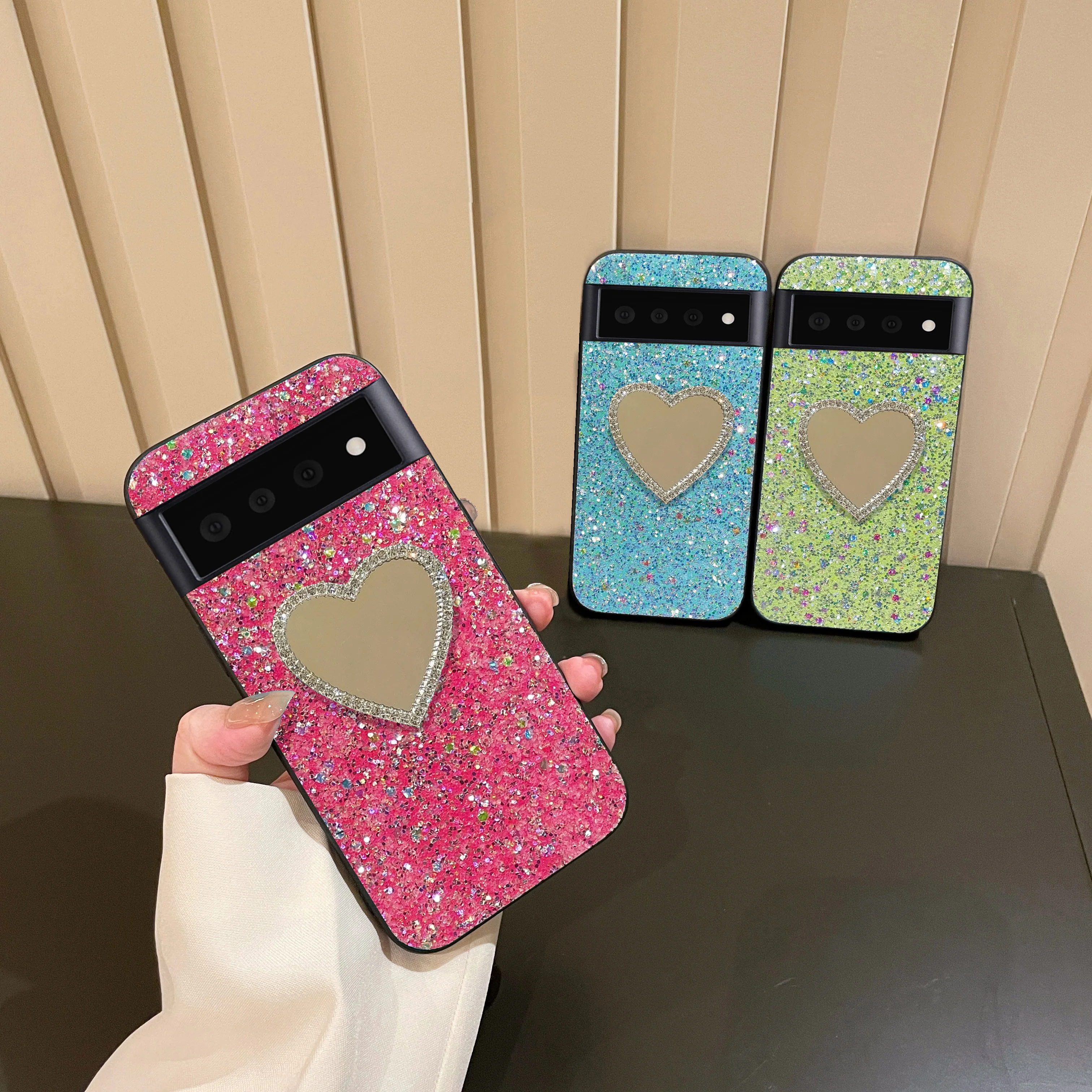 Luxuriöse Funkelnde Dopamin-Handyhülle für Google Pixel 11 10 9 Pro XL 8 7 6 Pro 10A 9A 8A 7A 6A Glitzernde Kunstdiamant-Herzspiegel-Hülle
