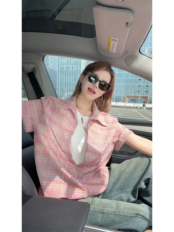 

Pink Bubblegum Checkered Ice Silk Short Sleeve Shirt Men's Casual Style Summer Vacation Wind Flower Splicing Fake Two-Piece S...