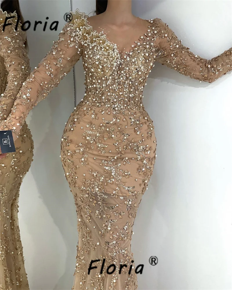 Champagne Mermaid Vestido de noite para mulheres, pérolas, vestidos de casamento Dubai, Custom Made, apliques de flores 3D, vestidos de baile, glamouroso