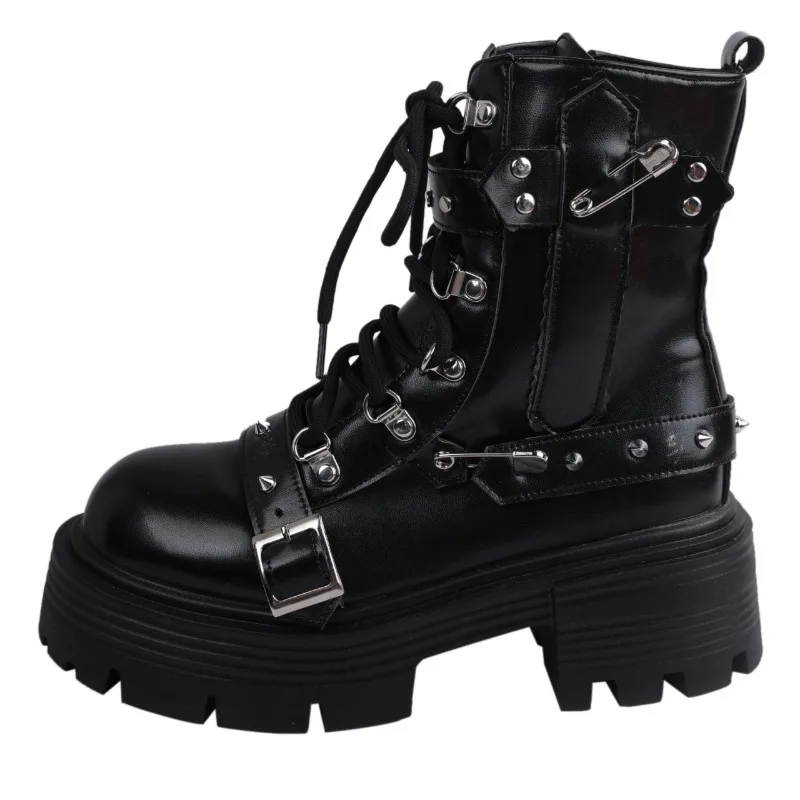 Fashion New Women\'s Biker Boots Patent Leather Breathable Zipper Lolita Platform Boots 2023 Winter New Retro Gothics Boots