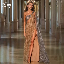 Lily Gold Shiny Prom Gown Gorgeous Sequins Sleeveless Party Dress Side Split Chic Woman Evening Dresses robes du soir Customized