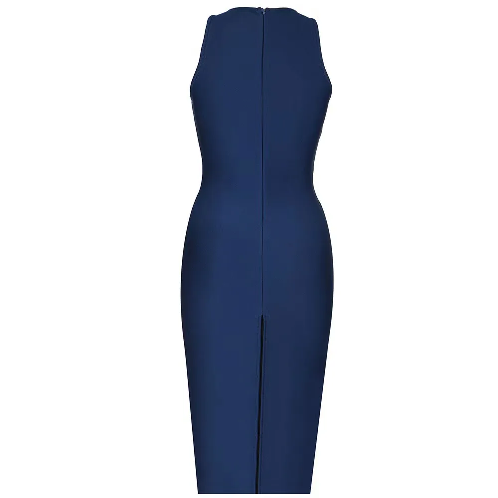 Women Fashion Cross Design Neck-mounted Bodycon Dress Blue Elegant Flash Diamond Embellished Evening Party Red Carpet Gown 2023