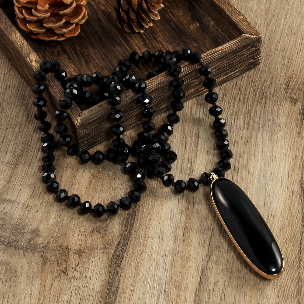 8mm Black Glass Knot Necklace Fashionable New Black Oval Agate Pendant Necklace Sweater Chain