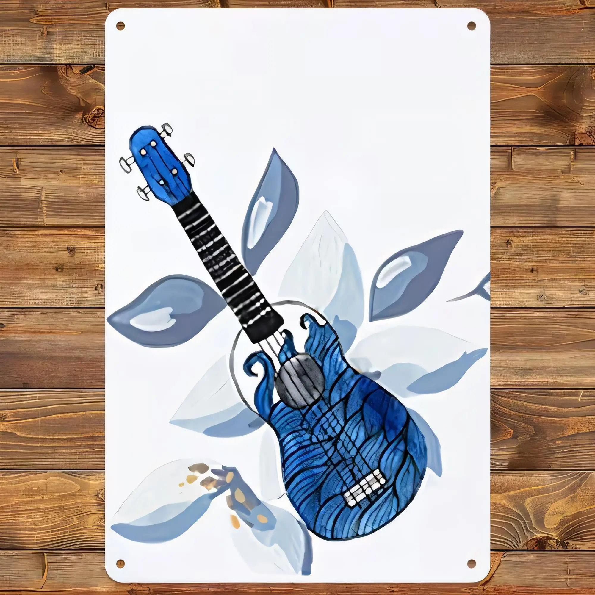 Tin Sign, Vintage Blue Floral Acoustic Guitar Wall Decor, Retro Metal Plate for Music Lover, Country Rock Band Art, Rustic Farmh
