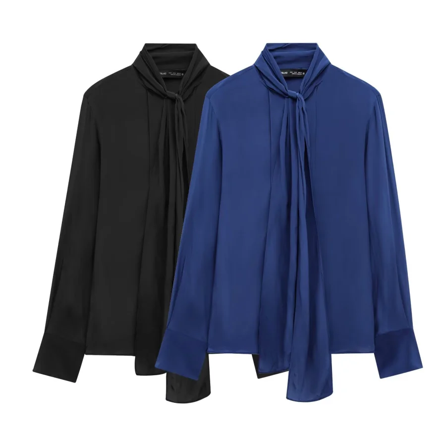 

ETJ 2025 traf Spring New Women's fashion design with bow neckline Solid color glossy satin ribbon long sleeve shirt commuter