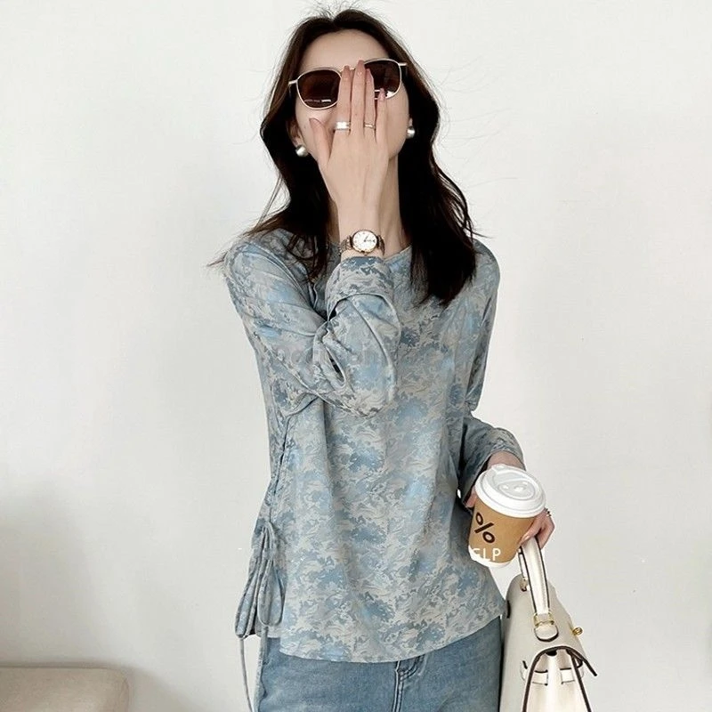 

2025 retro design sense bow round neck women's qipao top chinese style long sleeves improved qipao top leisure printing blouse