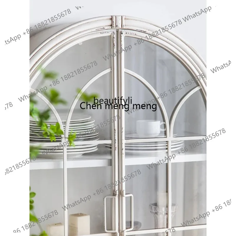 ss26 LBX French Retro Bookcase Solid Wood Floor Arch Display Cabinet Made of Glass Distressed White Locker with Door