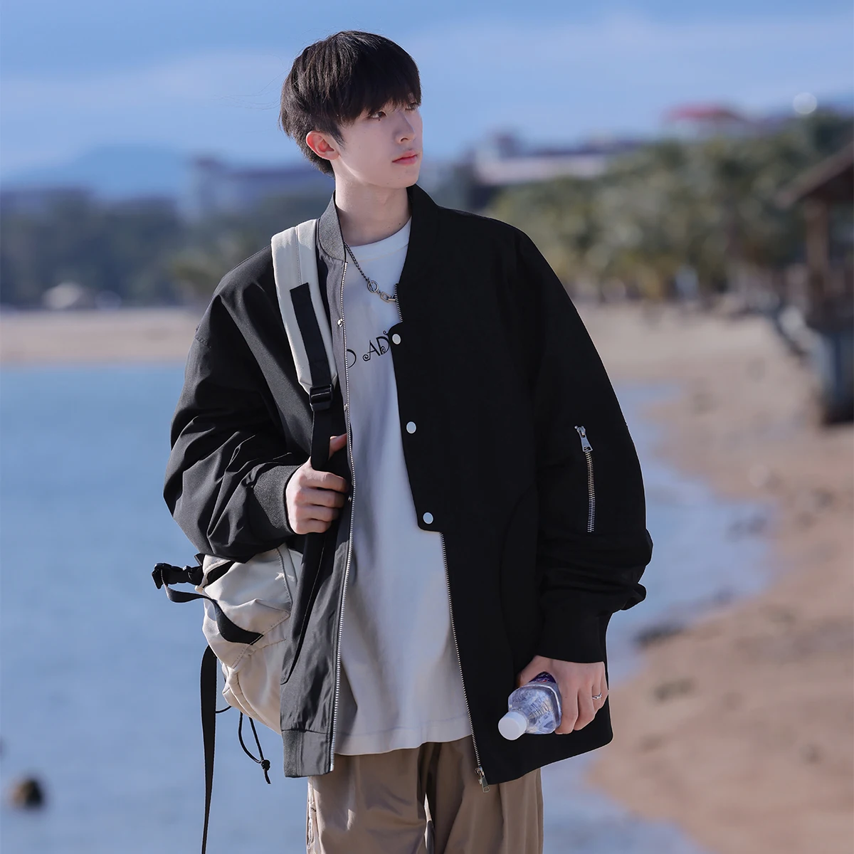 

Loose Casual Men's Pilot Jaet Spring Autumn Faionable Spor Top Zipper Decoration Windproof Long Sve Pure Color