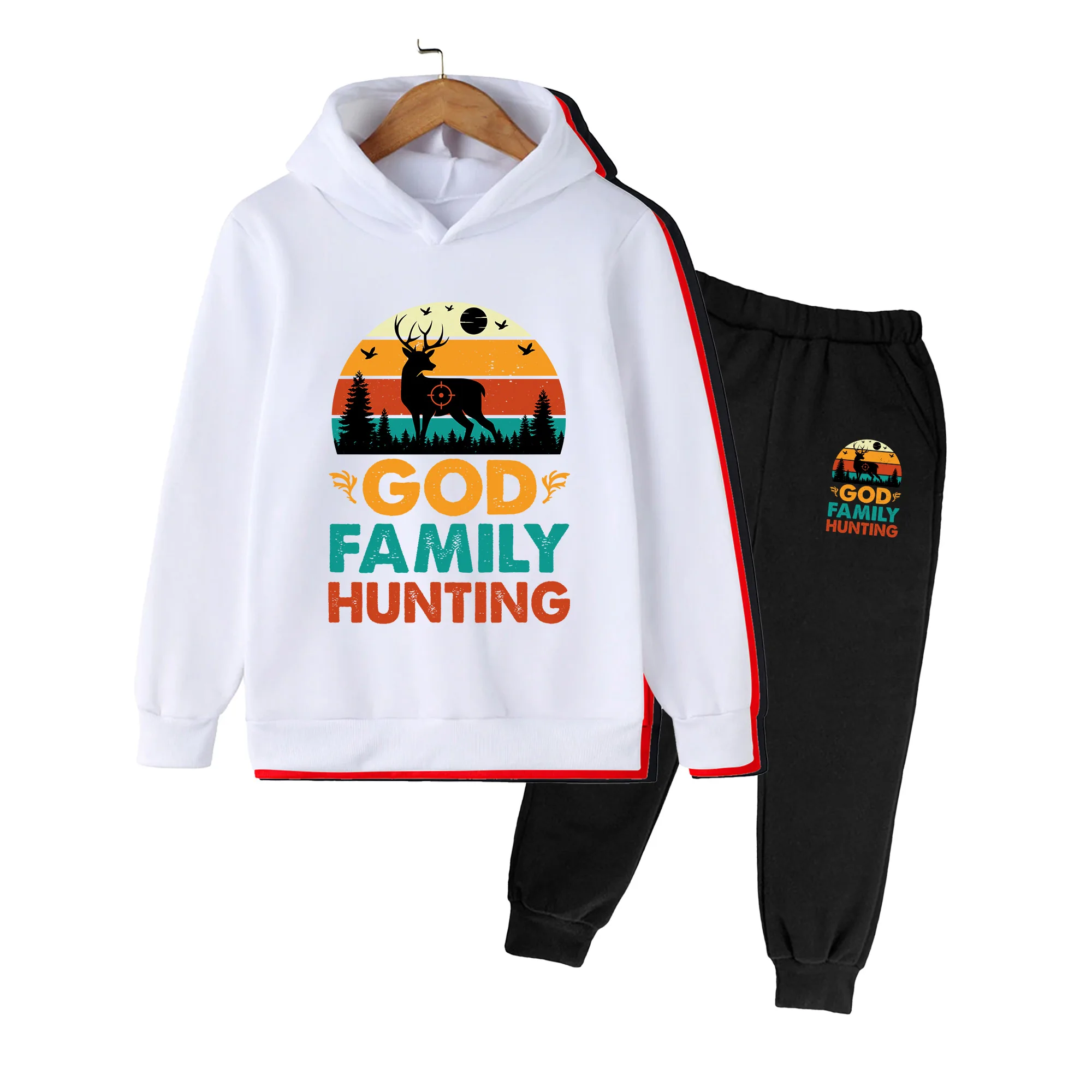 Kids Hoodie & Sweatpants Set, Retro GOD FAMILY HUNTING Print Casual Sportswear for Boys Girls Outdoor Camping