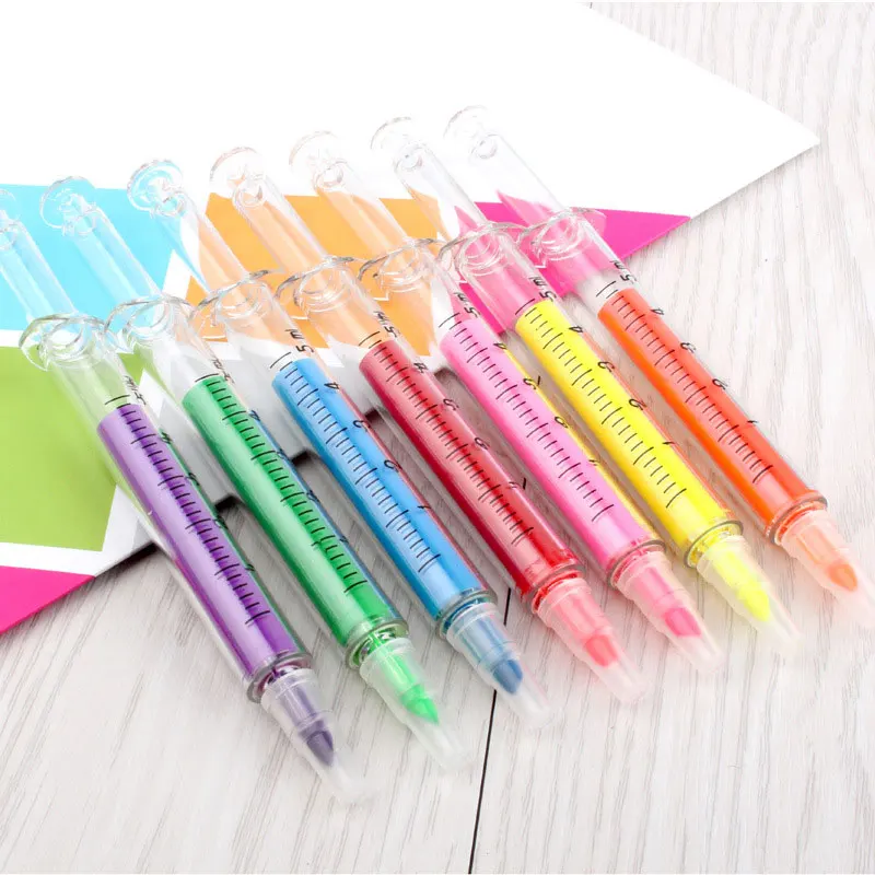 60Pcs Syringe Highlighter Pen Syringe Needle Shape Mechanical Color pen Ballpoint for Office School Marker Writing Tool