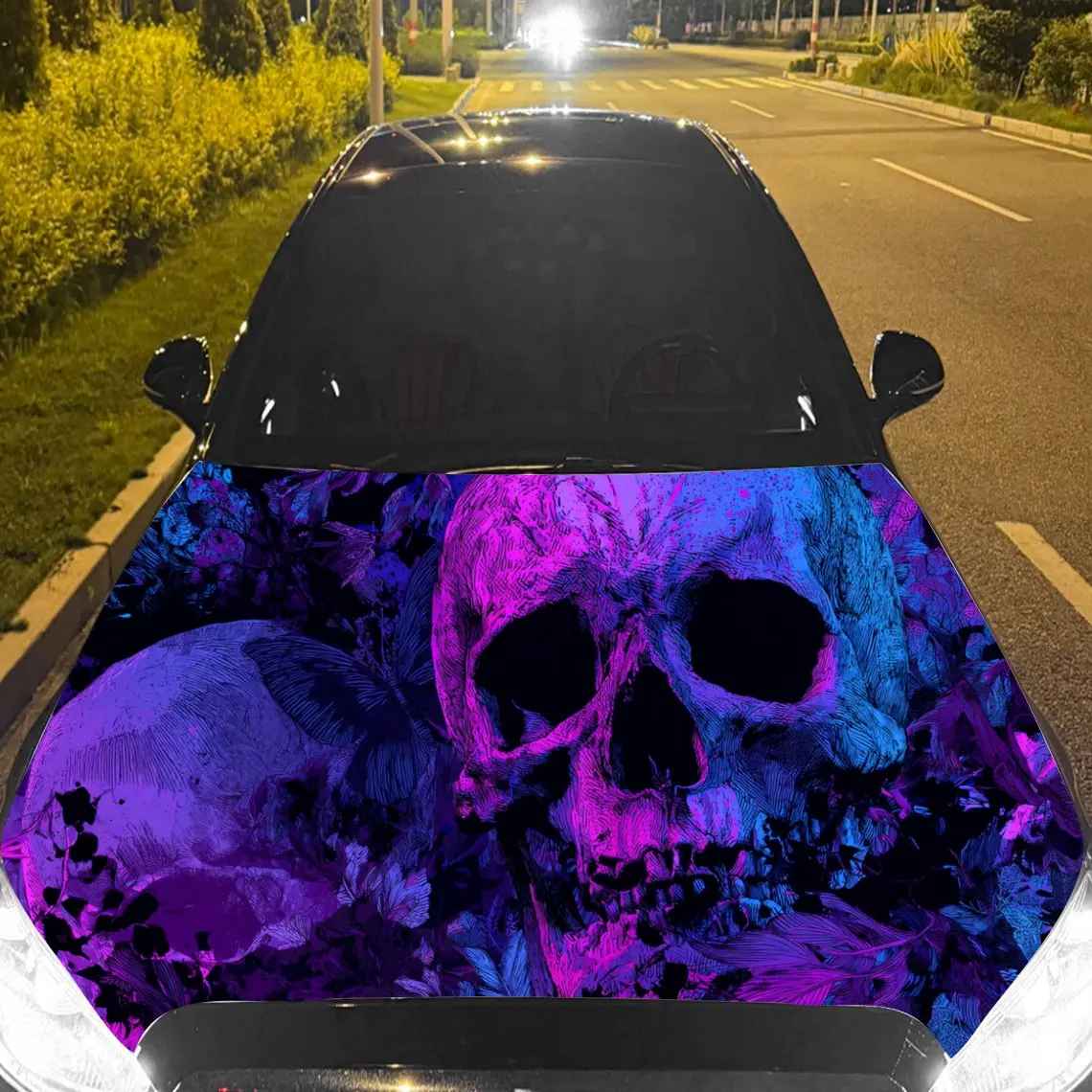 Car Decal Skulls in Vibrant Purple & Blue Textured Design - Edgy Dark Fantasy Aesthetic Car Hood Sticker, Waterproof Self - Adhe