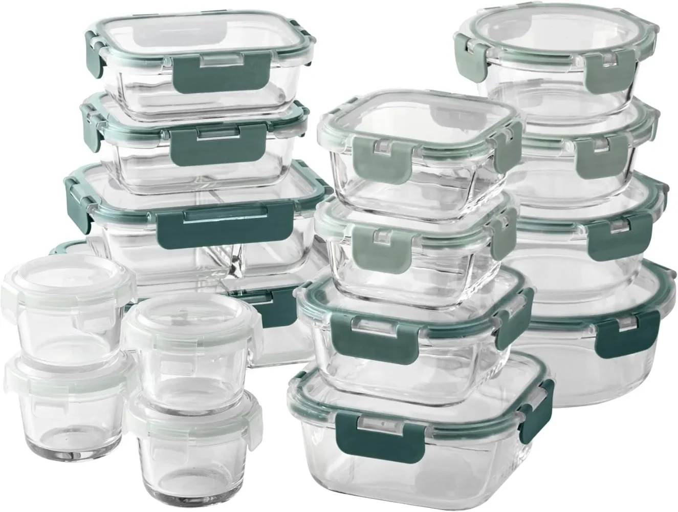 

Premium 32-Pc. Borosilicate Glass Food Container Set with Dividers - 4 Rectangles, 8 Rounds, 4 Squares - Leakproof Lids