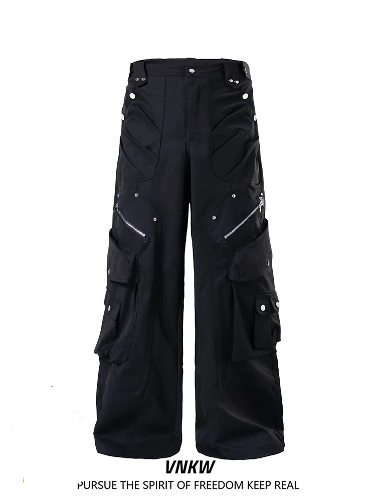 

Американские рабочие брюки свободного кроя для мужчин, черные, прямые, повседневные, с молниями на карманах, весна-лето-осень, модный тренд