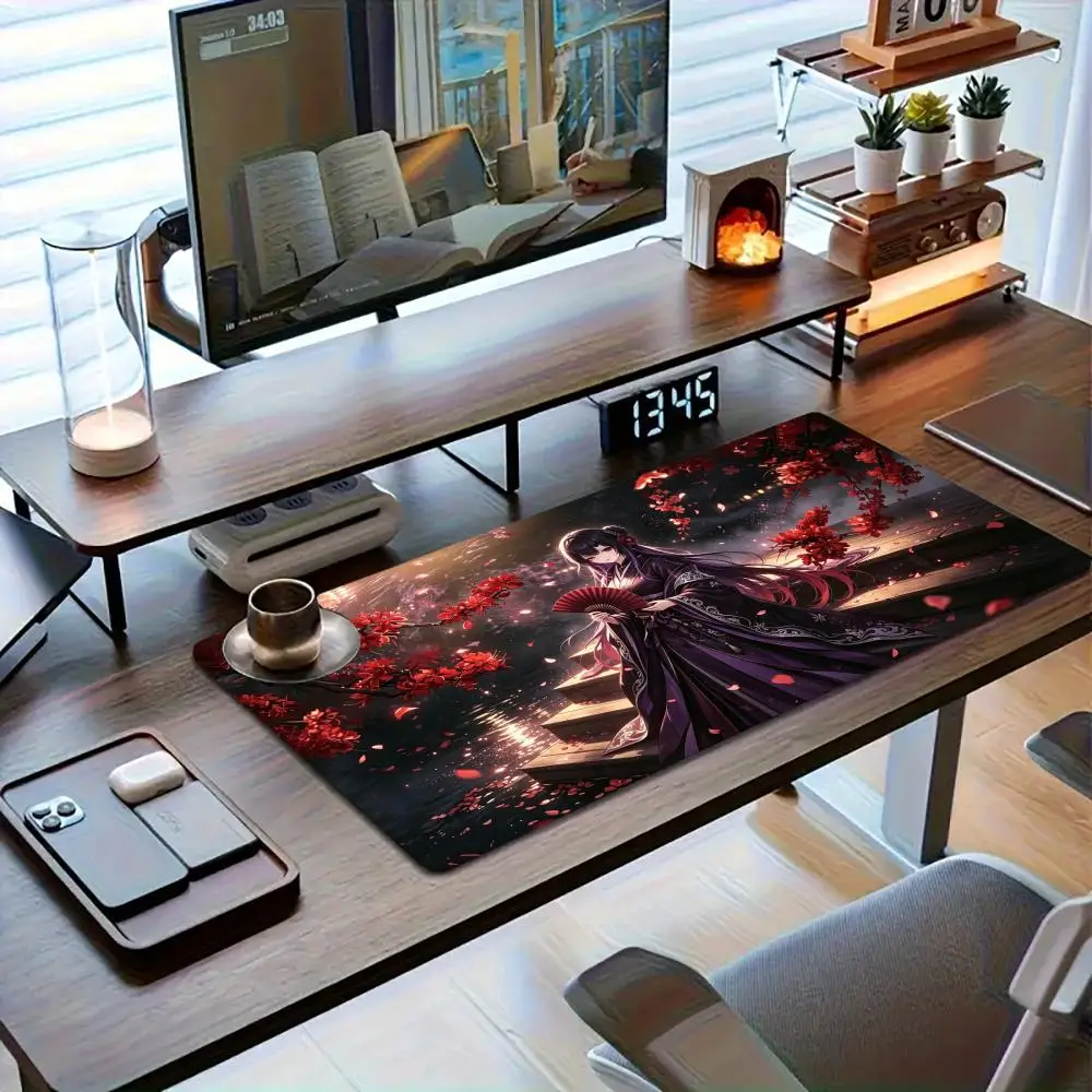 Night red plum purple dress beauty with folding fan playmat gorgeous oriental anime slip mat for laptop desk