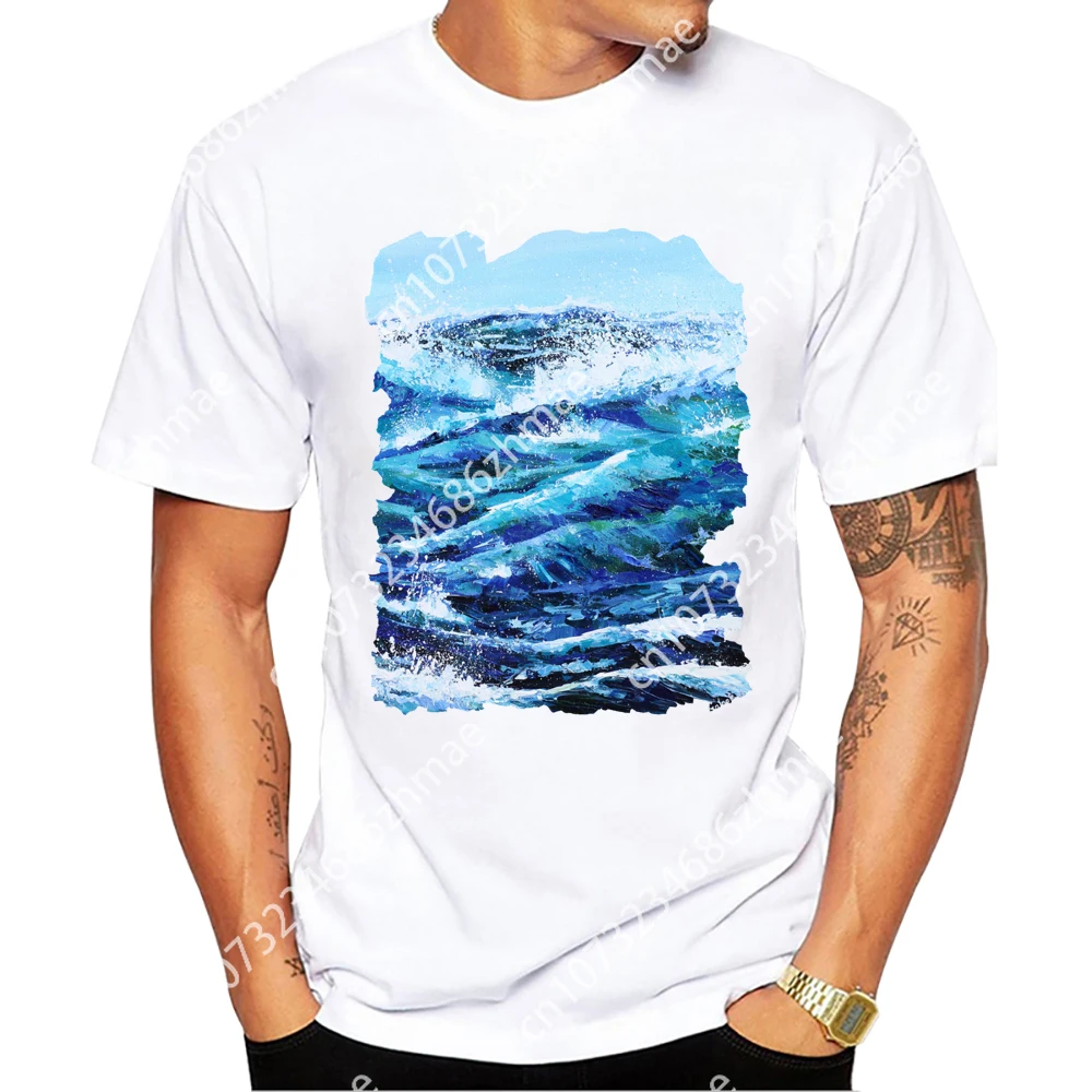 Vintage Tops Blue Sea Waves Print Men's T-Shirt O-Neck Men Clothing Fashion Casual Short Sleeve Male Casual Streetwear