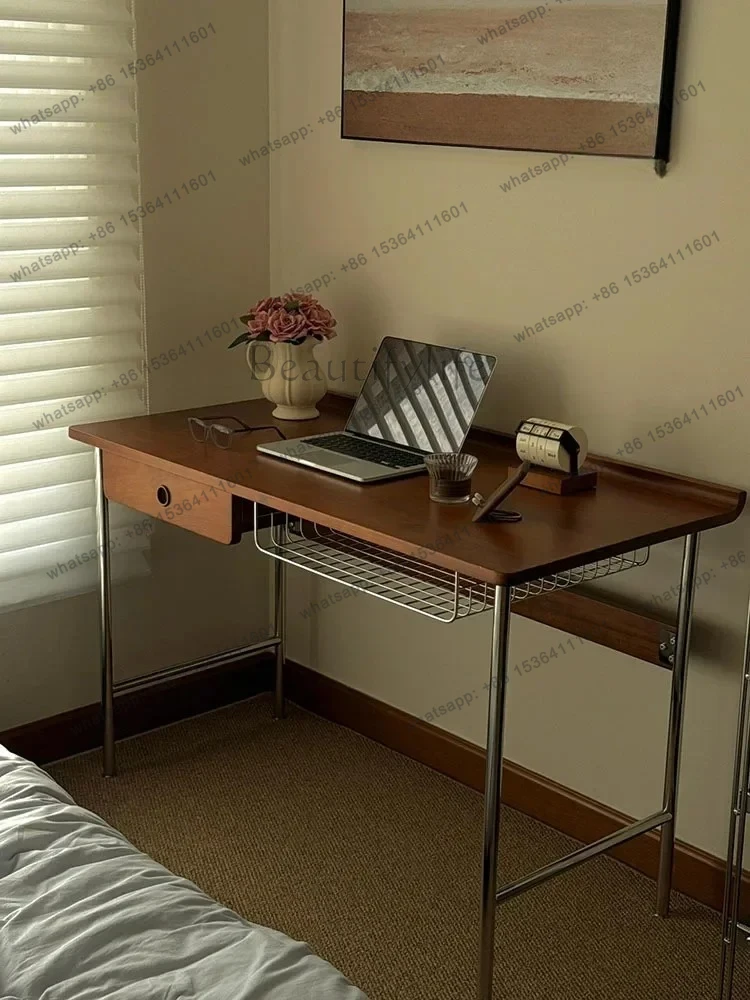 Japanese-style medieval log desk dresser integrated bedroom solid wood stainless steel rectangular table