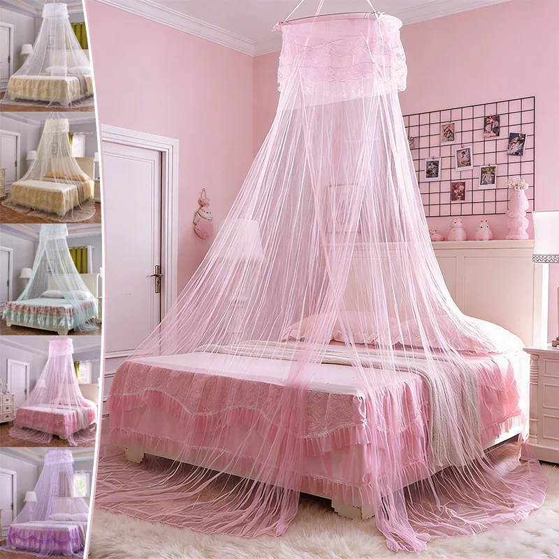 

1PC Single Door Hanging Dome Bed Canopy Mosquito Net Lace Trim Floor Length Netting Fly Insect Protection for Home Bedroom Use
