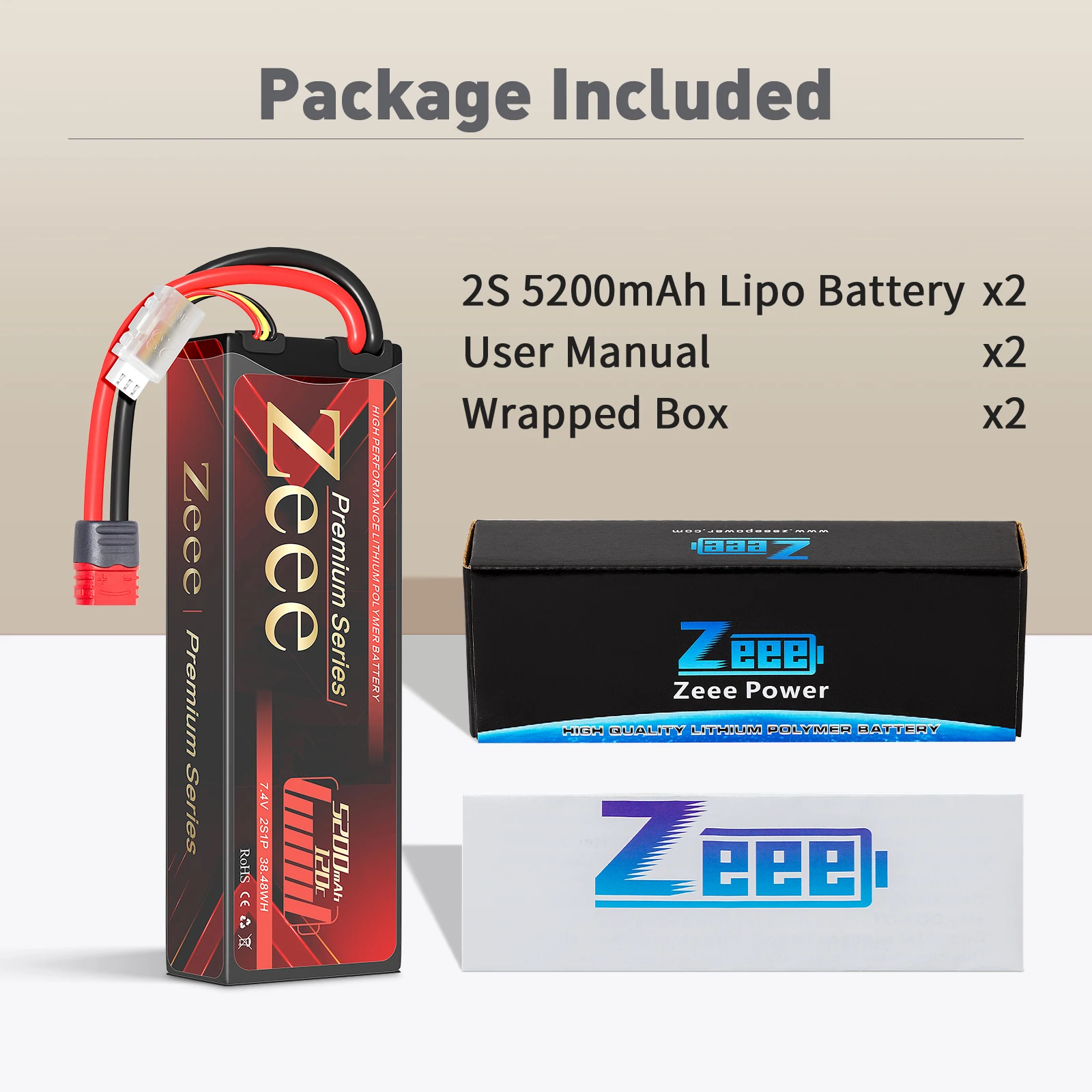 2pcs Zeee 2S Lipo Battery 5200mAh 120C Hardcase with T Plug for RC Car 1/8 1/10 Boats FPV Drones RC Models Parts-Premium Series