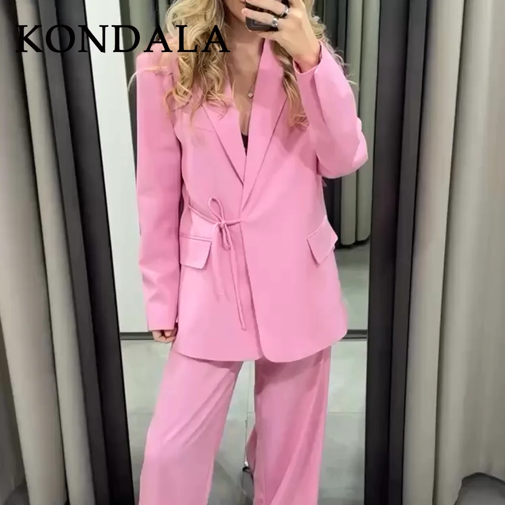 KONDALA 2026 Spring Summer Office Lady Elegant Blazers Fashion Casual Solid Pink Lace Up Shrug Straight Chic Women Blazers