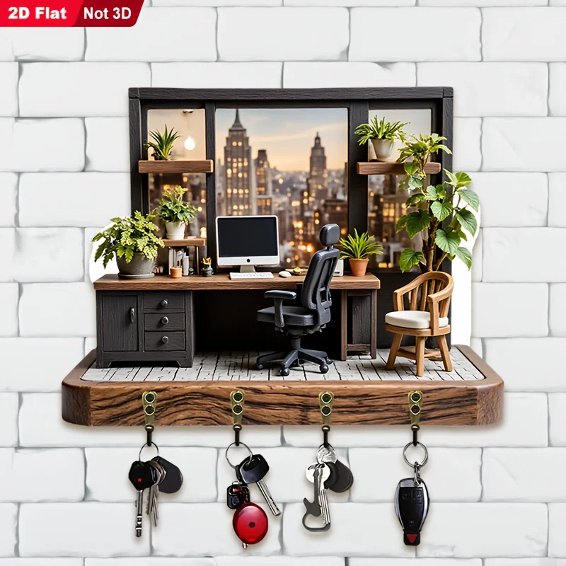 2D Flach, 1 Stück, Schlüsselhalter im urbanen Büro-Stil, multifunktionaler Schlüsselhalter aus Holz für Zuhause, mit vier Metallhaken, Wanddekoration,