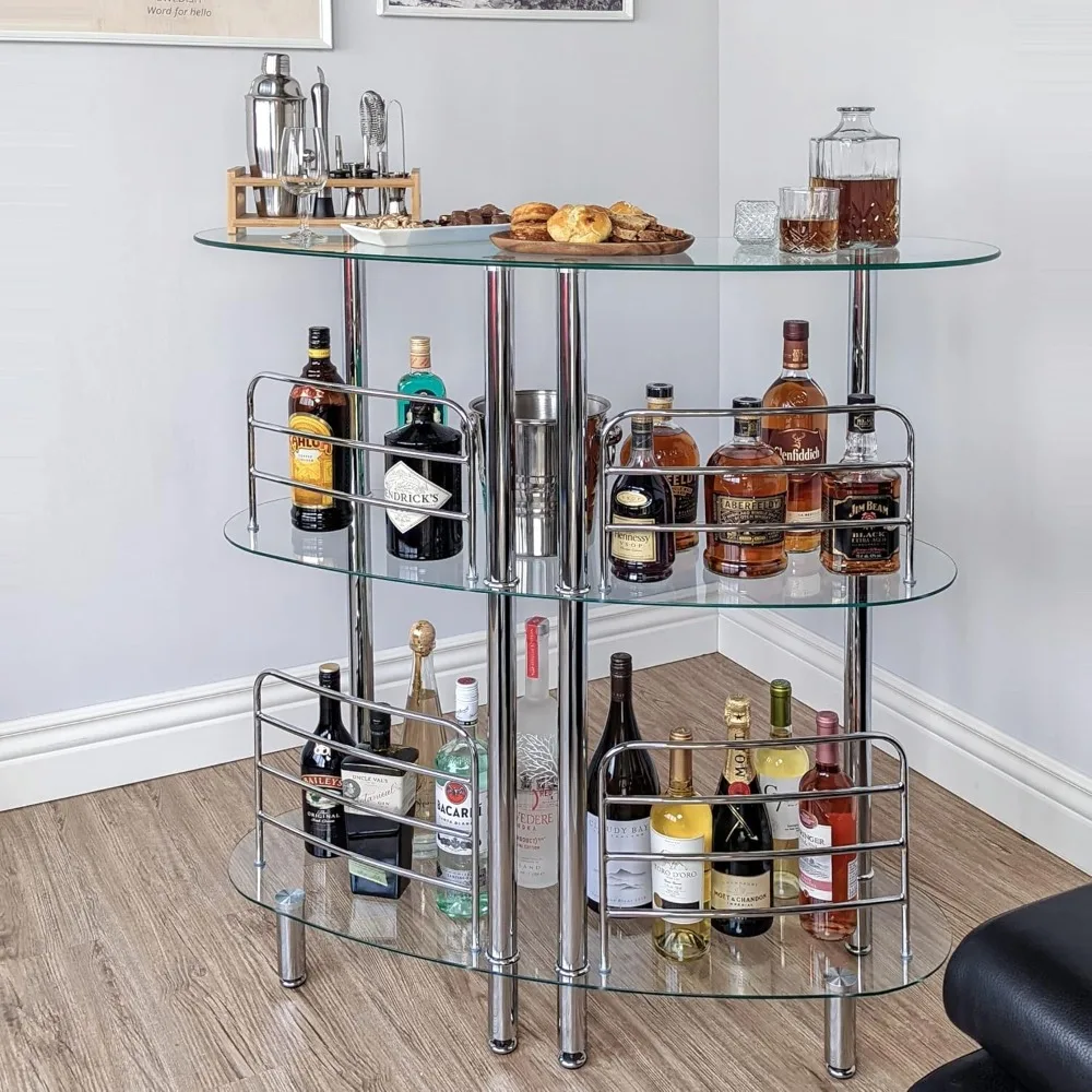 Bar Table for Home - Contemporary Modern Home Bar Unit, Liquor Bar with 2-Tier Storage Shelves