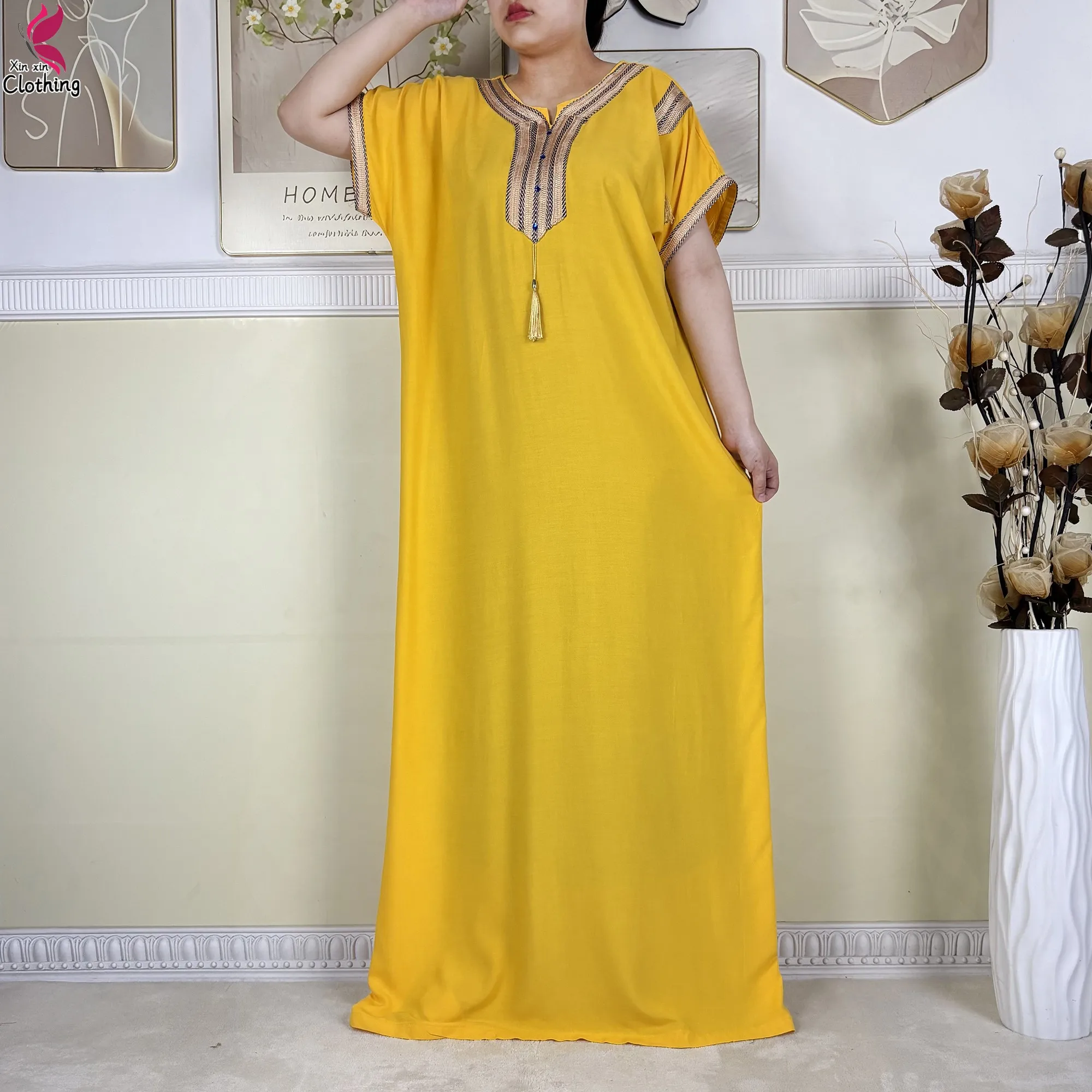 2025 Muslim Caftan Short Sleeve Dress Solid Cotton Summer Abaya African Traditional Dresses Islam for Women Casual Clothing