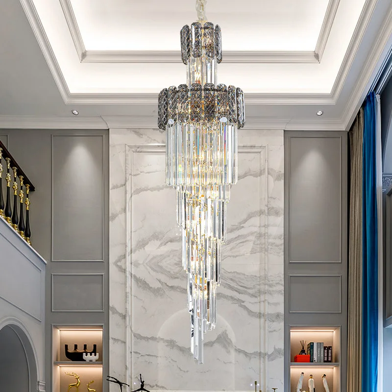Revolving staircase long chandelier, villa living room crystal hollow modern simple duplex floor hall