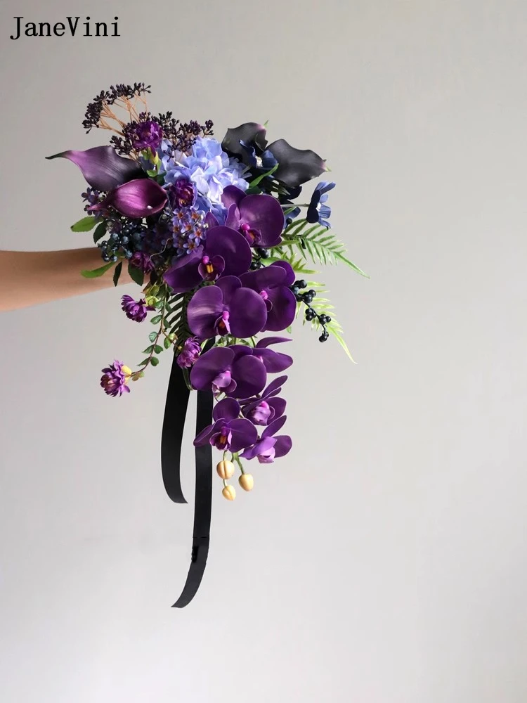 JaneVini Fashion Purple Waterfall Bridal Bouquets Wedding Silk Flowers Artificial Butterfly Orchid Cascading Bouquet for Bride