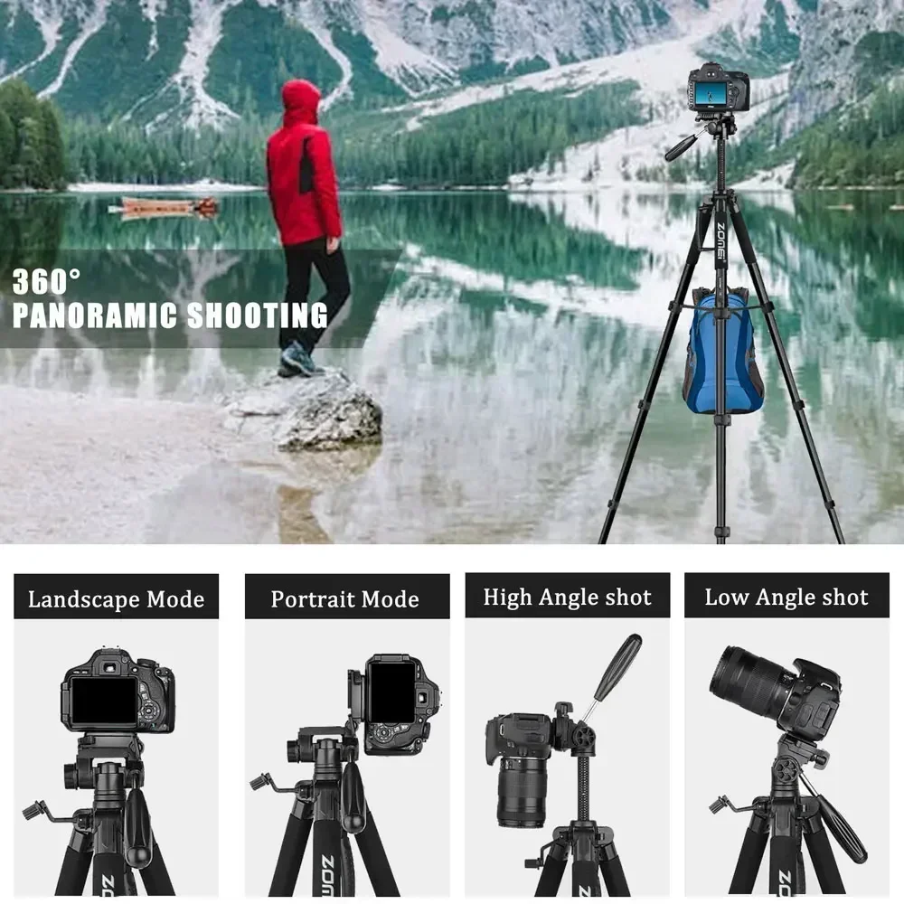 Trípode de cámara profesional Q188, trípode ligero para fotografía de viaje, 187cm/73,64 pulgadas, altura ajustable 360 °   Panorama con Pan Head