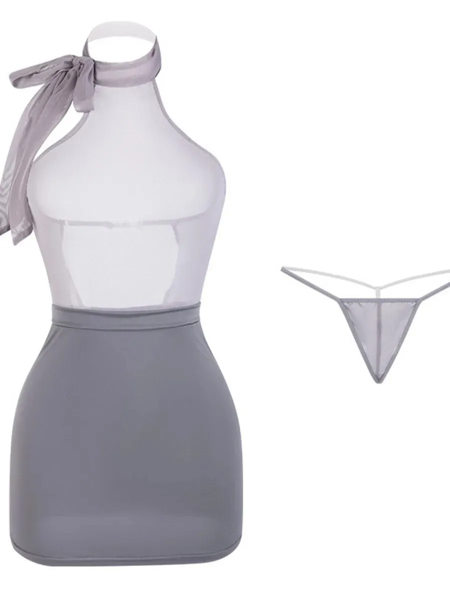 Conjuntos de falda de secretaria sexy con encaje hueco, uniforme de puro deseo, cuello halter, sin hombros, sin espalda, sin mangas 1QBN
