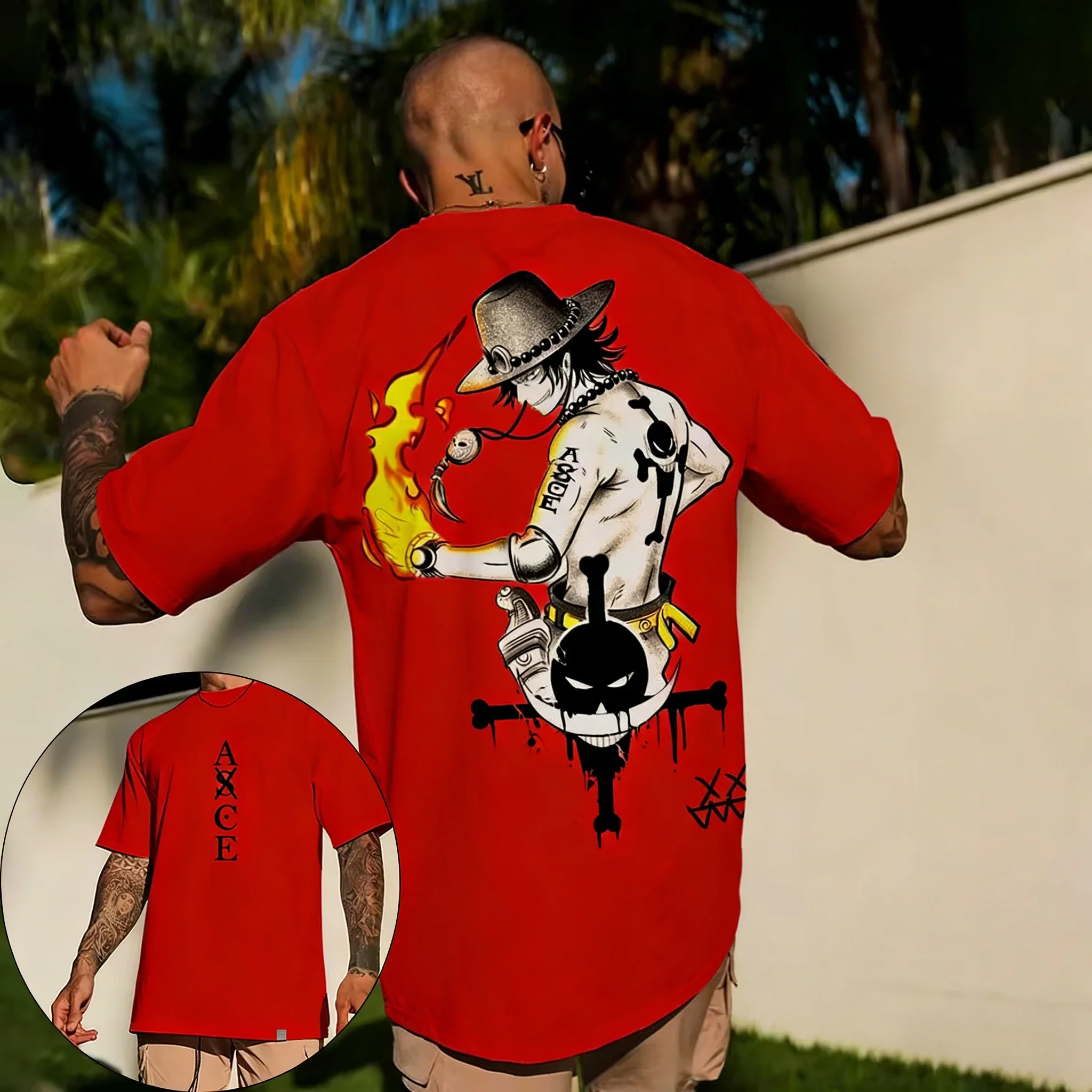 Camiseta de algodón con estampado de doble cara de Anime ONE PICE Ace, novedad de verano 2026, Top informal holgado Harajuku para padres e hijos