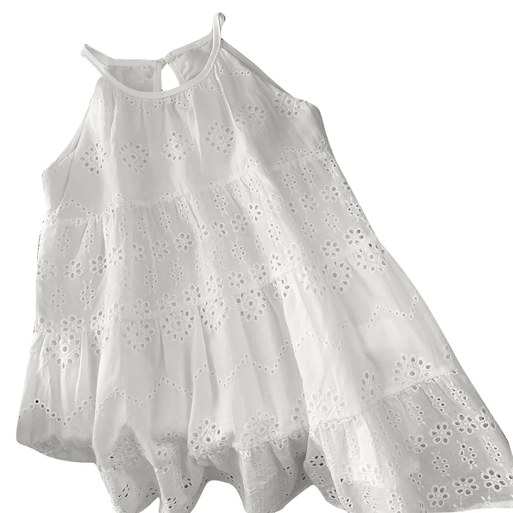 Girls' Summer New Dress Children's Clothing Hollow Lace Embroidered Strap Princess Dress Sleeveless Long Vest Dress Wholesale