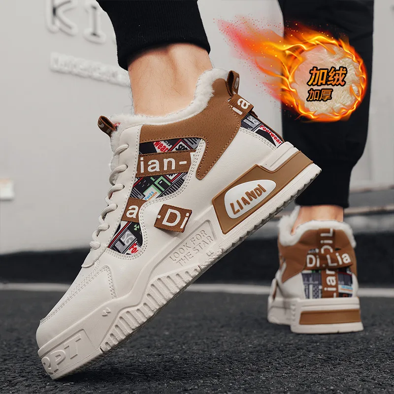 2026 Winter Men Shoes Plush Warm Cotton Shoes Lace Up Platform Vulcanized Shoes Thickened Plush Warm Snow Boots Chaussure Hommes