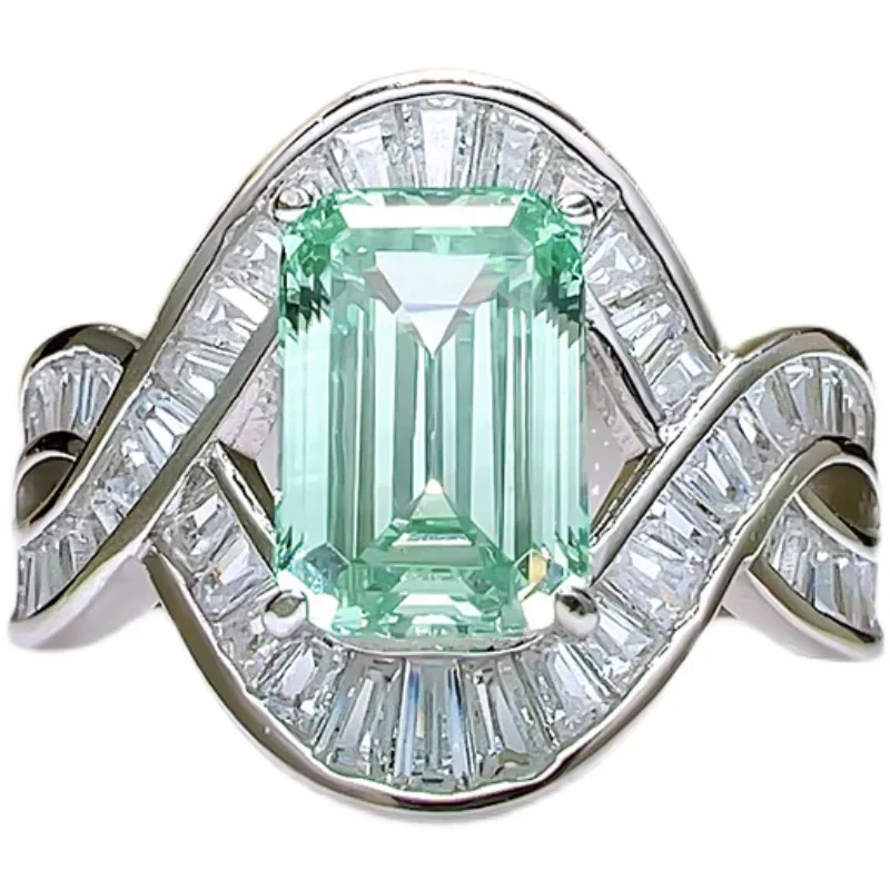 Artificial Palaiba Green Tourmaline Ring Emerald Cut Rock Sugar Rectangular T Square Diamond 925 Silver High Carbon