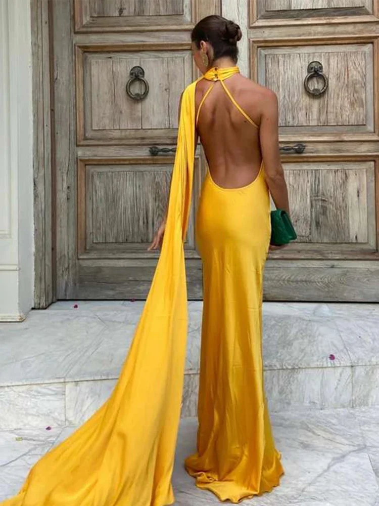 ผู้หญิงซาตินริบบิ้น Halter ชุดราตรีผู้หญิง Elegant Backless ปิดไหล่ชุดยาวแขนกุดแฟชั่น Lady Robes