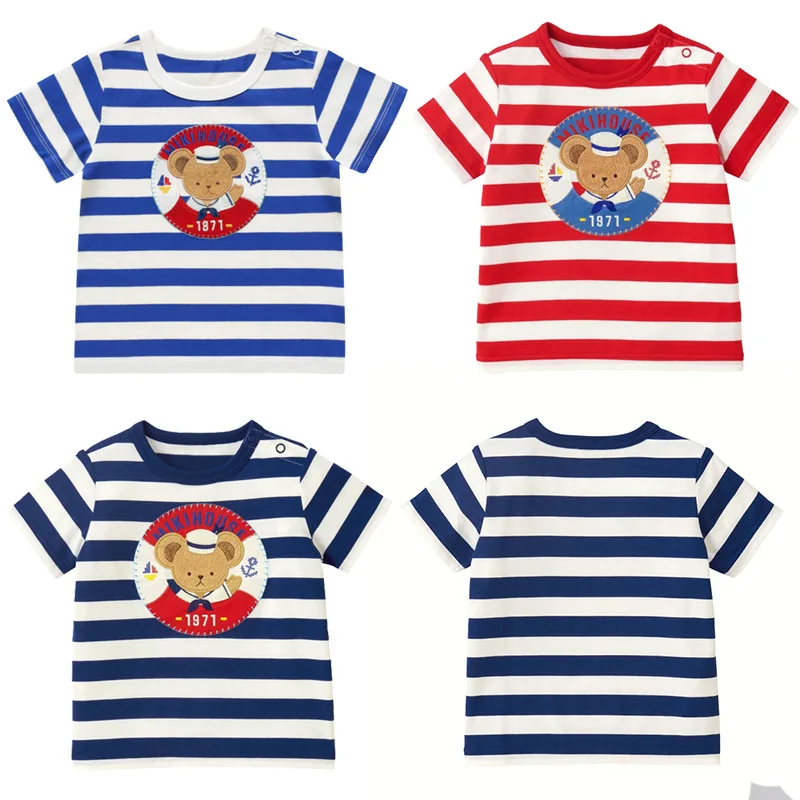 Summer  Boys T-shirts Girls' Cartoon Badge Navy Bear Stripe Short Sleeve T-shirt Cute Tops Kids Clothes Poleras Roupas Infantil