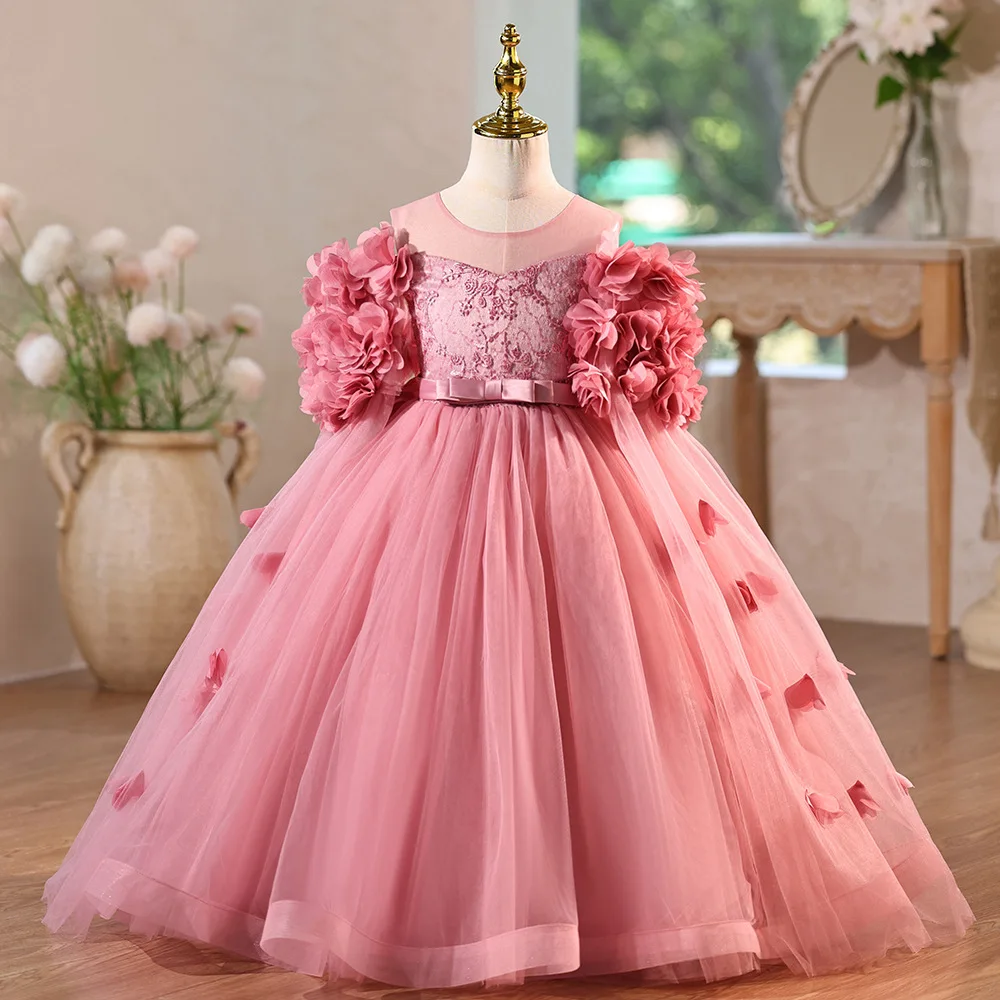 

Luxury Dresses For Children Flower Puff Sleeves Tulle Princess Dress For Teens Wedding Birthday Party Performance Pageant Gown