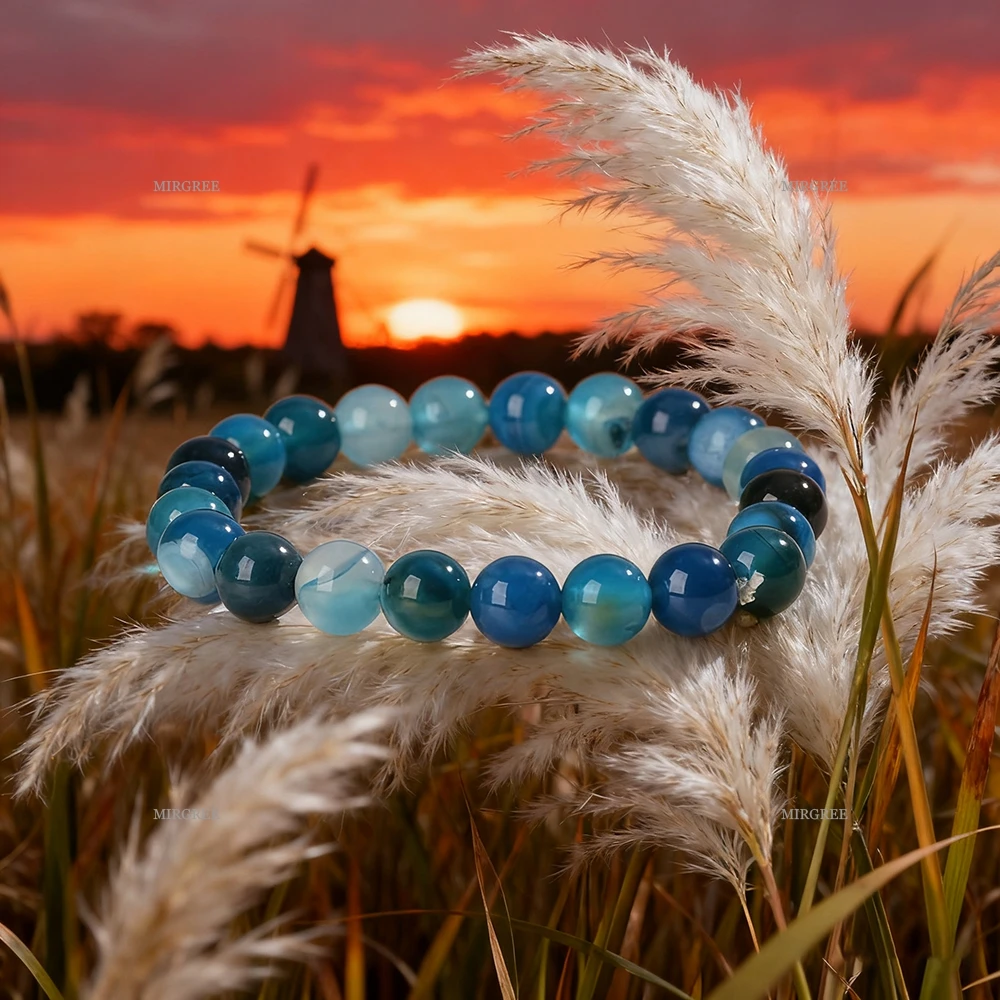 1pc Natural Blue Gradient Agate Bracelet Energy Jewelry for Daily Wear&Gift Selection
