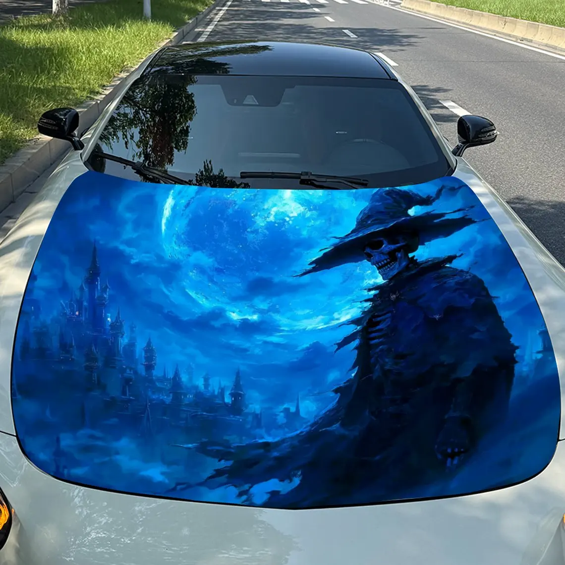 

Gloomy Blue Skeleton Wizard in Moonlit Fantasy Capital Car Vinyl Wrap, PVC Material Waterproof Car Hood Sticker, Self-Adhesive S