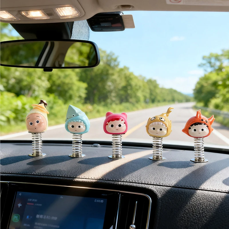 Creative Imitation Cute Cartoon Figure Resin Spring Car Ornament Dashboard Swing Decoration Auto Interior Decor Accessories